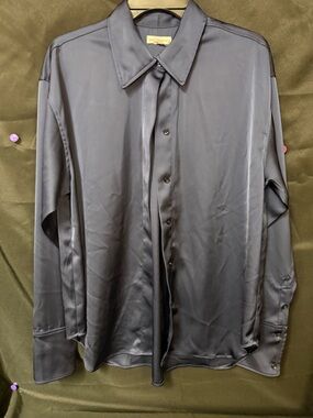 Good American Satin Button-Down Shirt in Navy.